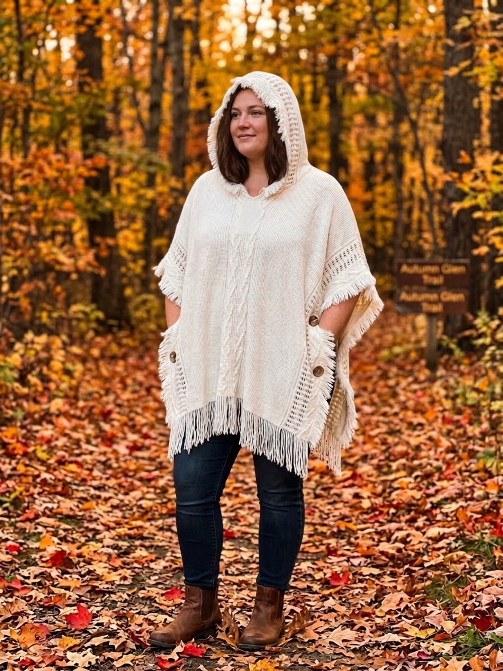 Seven Islands Hooded Cable Knit Poncho Sweater NWT Cream Fringe Plus One Size⁠
